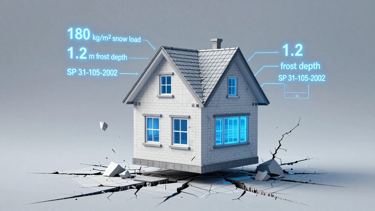Чертеж дома, парящий над рушащимся зданием, с цифрами нагрузок и нормами в свете.