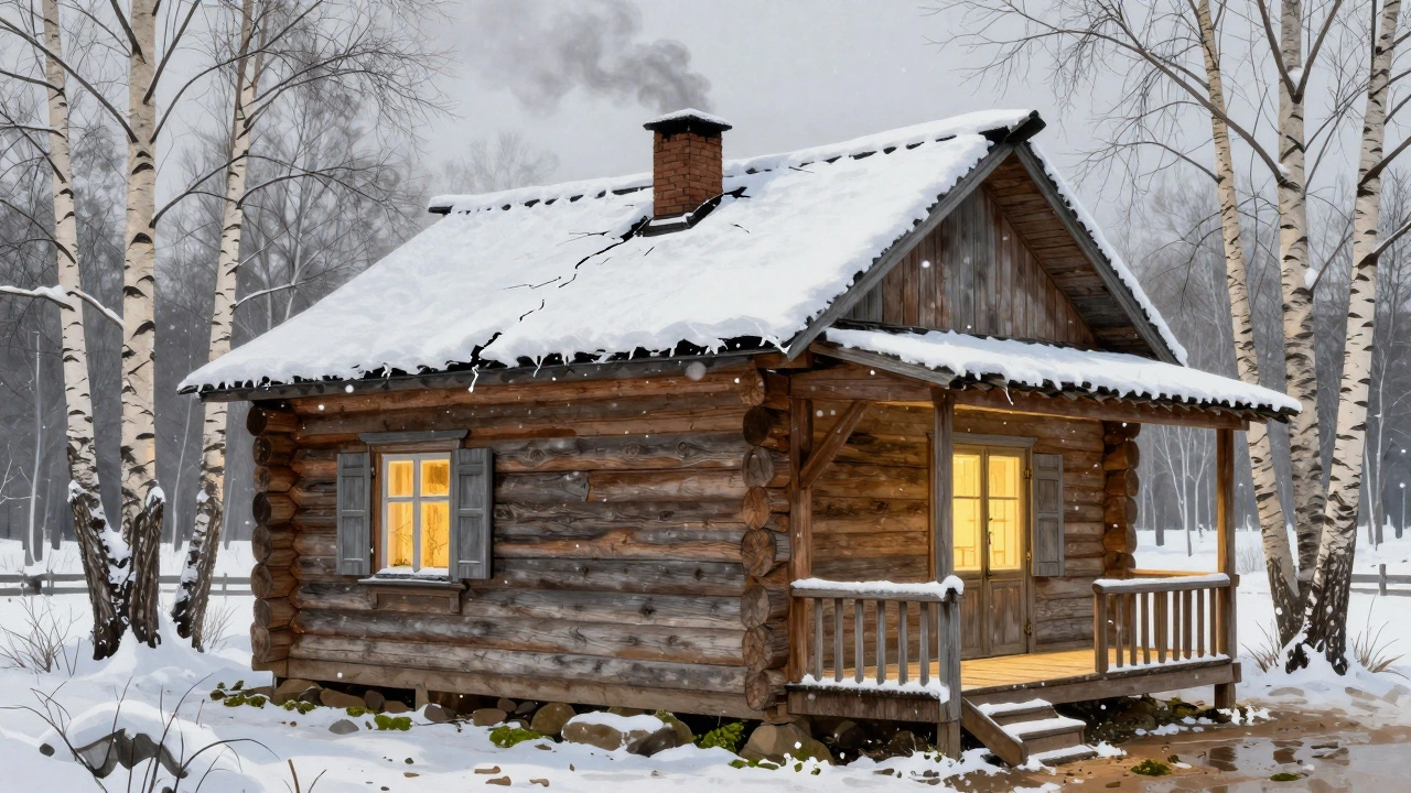 Деревянный сруб зимой с паром из трубы и трещинами у окон, снег вокруг.