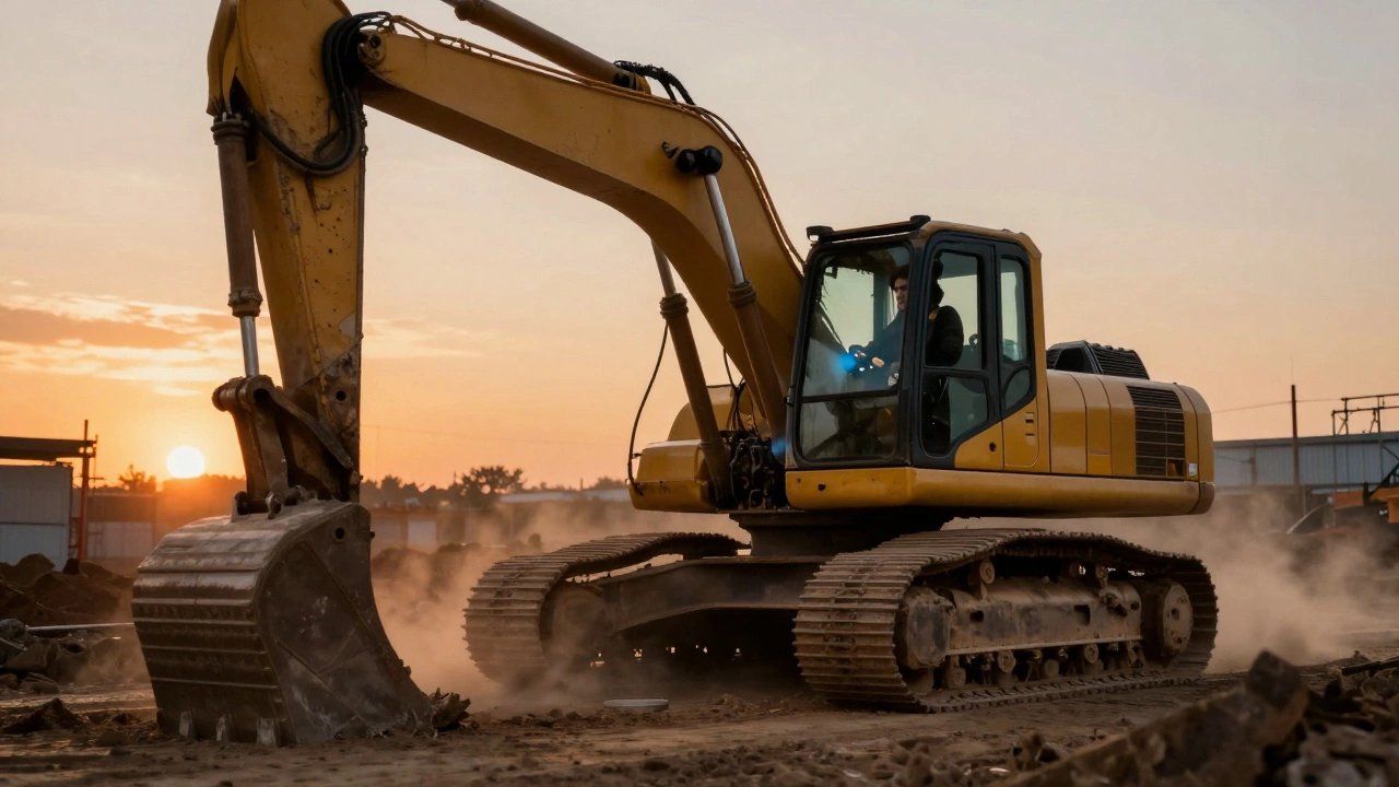 Экскаватор на стройке с синим дымом и напряженной гидравликой.
