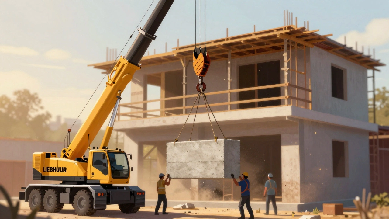 Кран поднимает бетонный фундаментный блок при строительстве двухэтажного дома.