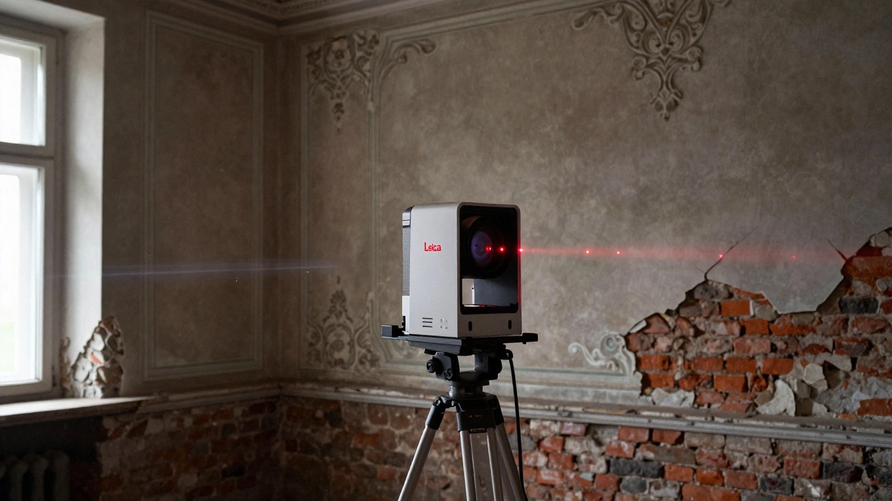 Лазерный 3D-сканер сканирует старинное здание с орнаментами и кирпичными стенами.