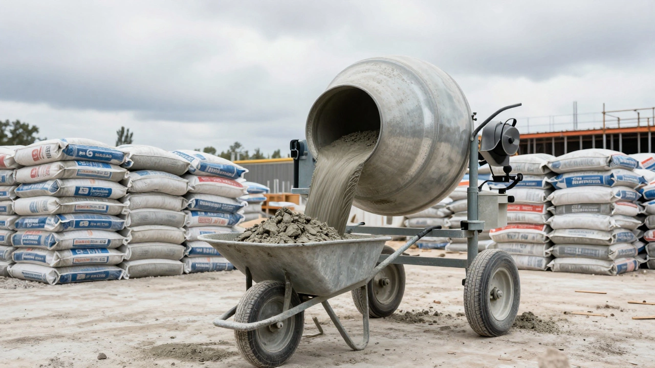 Маленькая бетономешалка перемешивает однородный бетон, рядом стоят мешки с материалами.