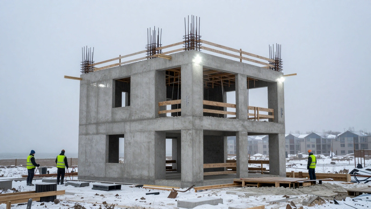 Монолитный дом из бетона под строительством в тумане у моря, видны опалубка и рабочие.