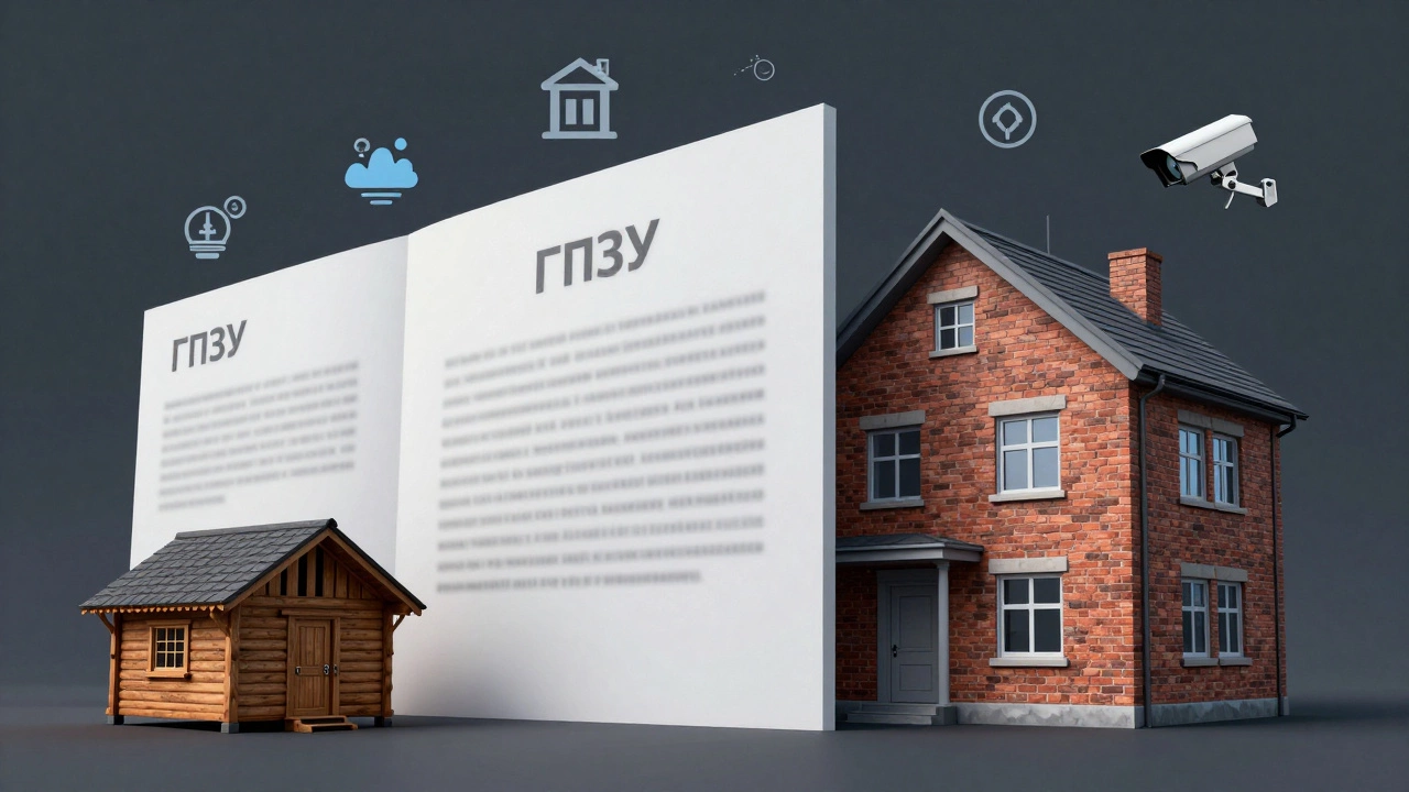 Правовой документ ГПЗУ как стена, разделяющая легкую и капитальную постройку, с символами зонирования.