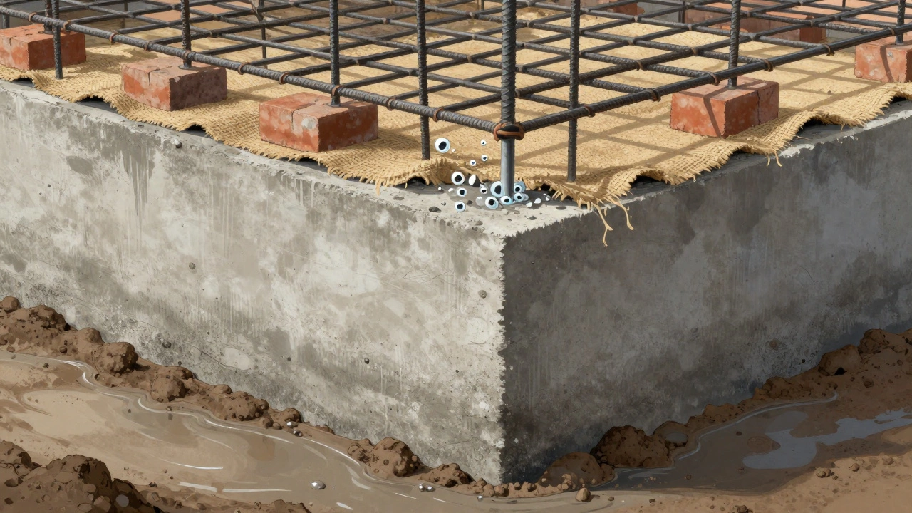 Разрез фундамента с арматурой, уложенной на кирпичах, и увлажнённой тканью для медленного высыхания.