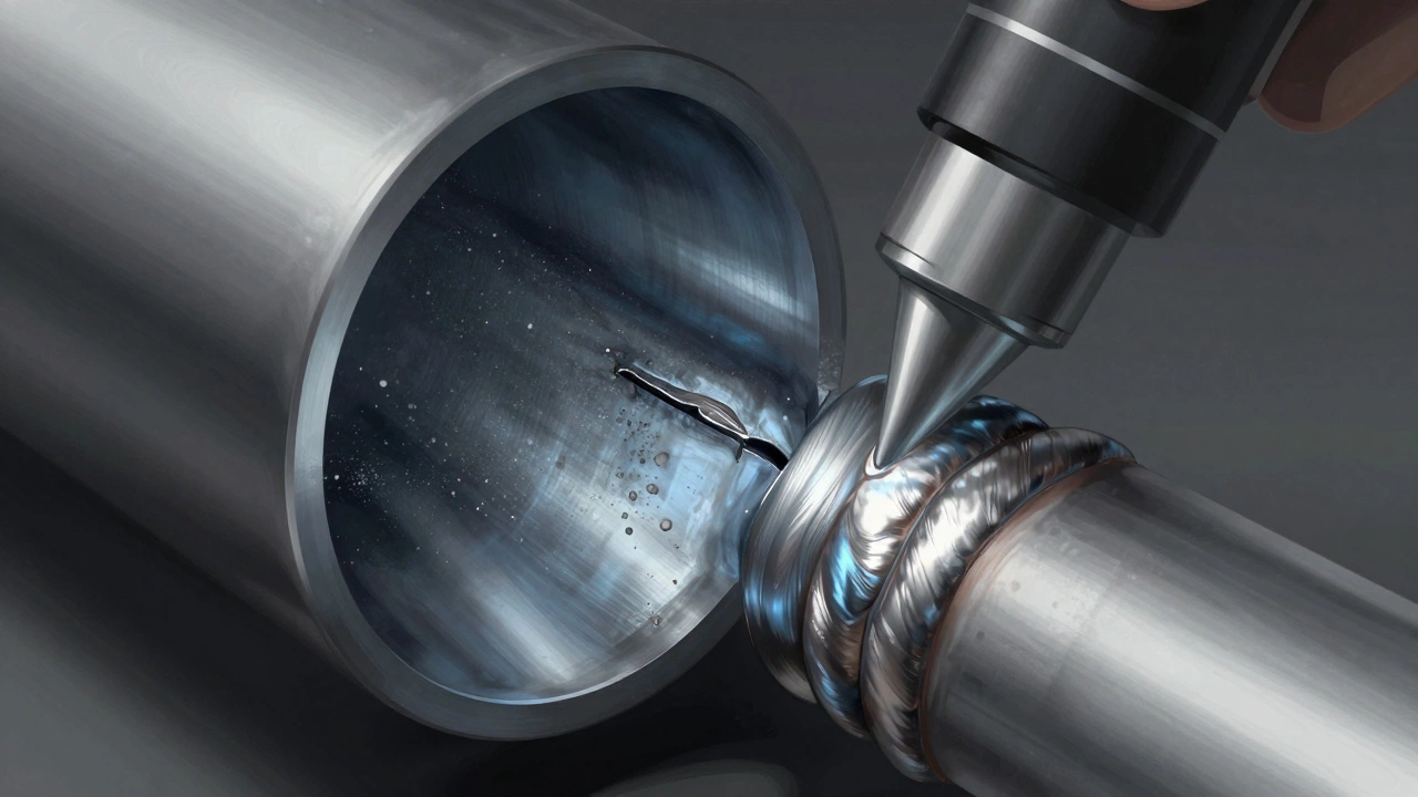 Разрез трубы с дефектами сварки: поры, непровар и синий перегретый участок металла.