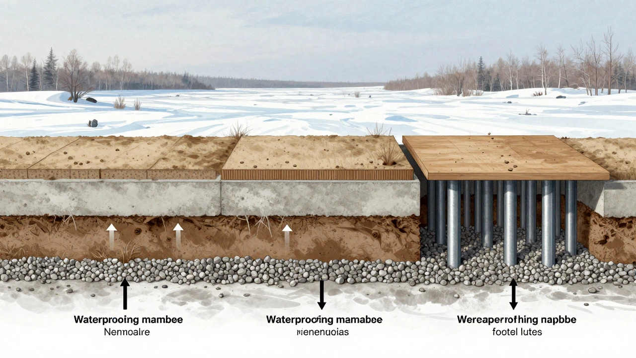 Схематичный разрез трёх типов фундаментов: ленточного, монолитной плиты и свайного с ростверком на фоне замерзшего ландшафта.