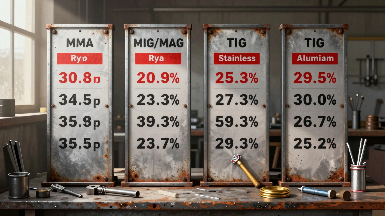 Сравнение цен на сварку: четыре металлические панели с указанием стоимости за метр для разных типов сварки.