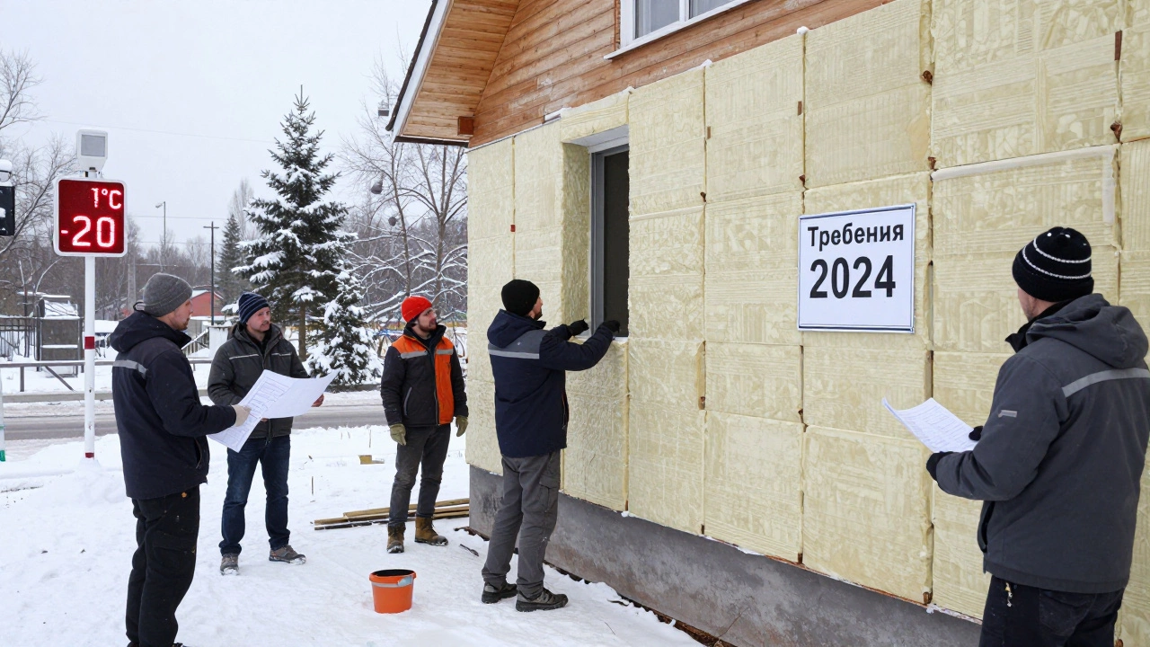 Строительство дома в Калининграде с толстой изоляцией, на фоне метеостанции и инспекторов.