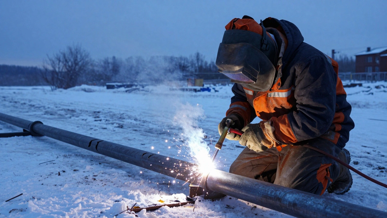 Сварщик в зимних условиях предварительно нагревает трубу перед сваркой на фоне разрушенного соединения.