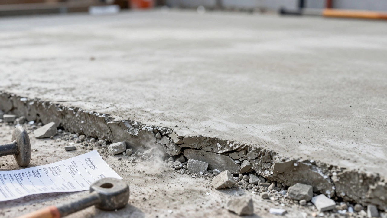 Трещины на бетонной поверхности под зимним светом, рядом лежит чек об аренде техники.