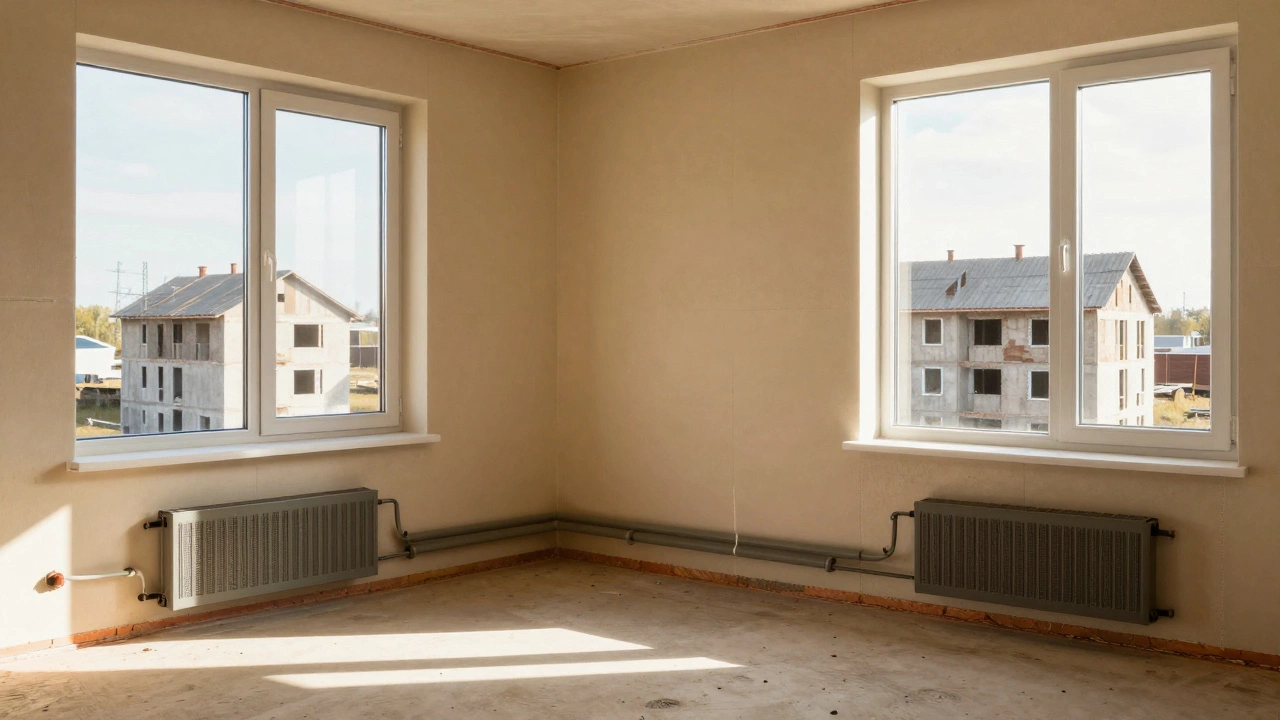 Уютный интерьер дома с теплыми полами и аккуратной проводкой, в контрасте с разрушающимся домом за окном.