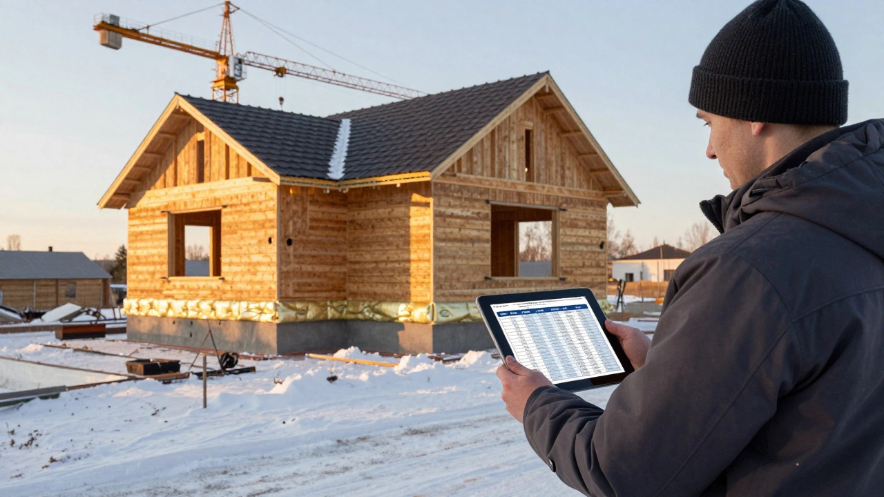 Владелец дома с планом бюджета рядом с готовым фундаментом 10x10 м, с видимыми слоями утепления и подъездной техникой.