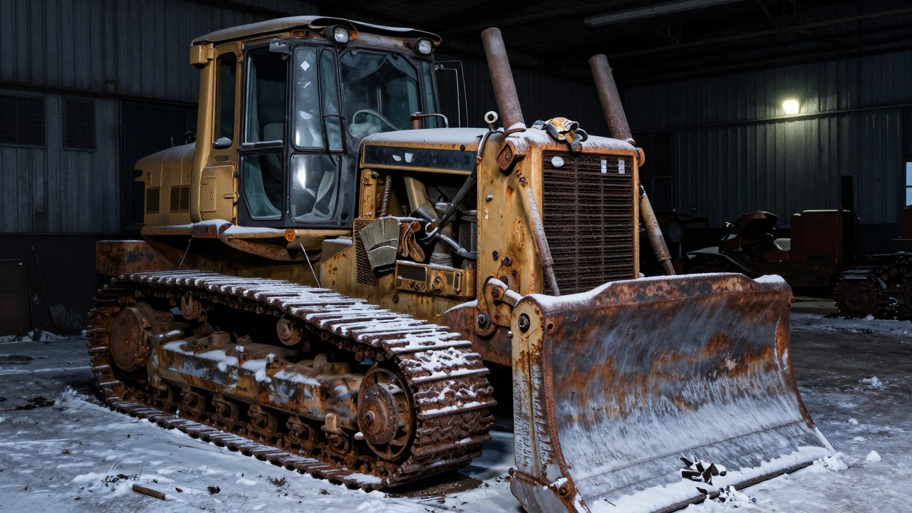 Замерзший бульдозер с ржавчиной и треснувшими гусеницами под снегом.