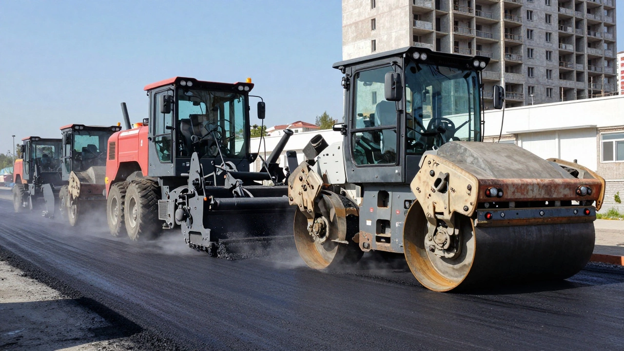 Асфальтоукладчик и каток укладывают и уплотняют асфальт на дороге.