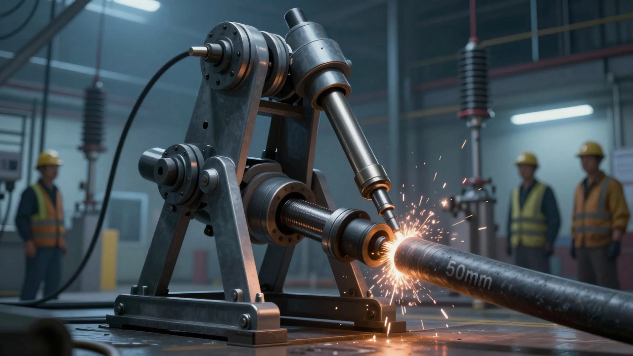 Гидравлический кабелерез разрезает толстый бронированный кабель на подстанции.