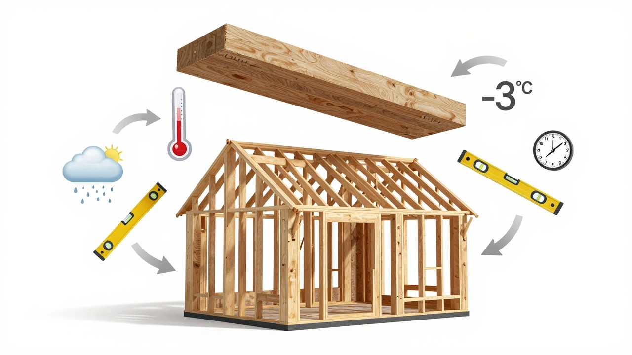 Каркас дома в процессе строительства с визуальными обозначениями нагрузки, времени и погодных рисков вокруг.