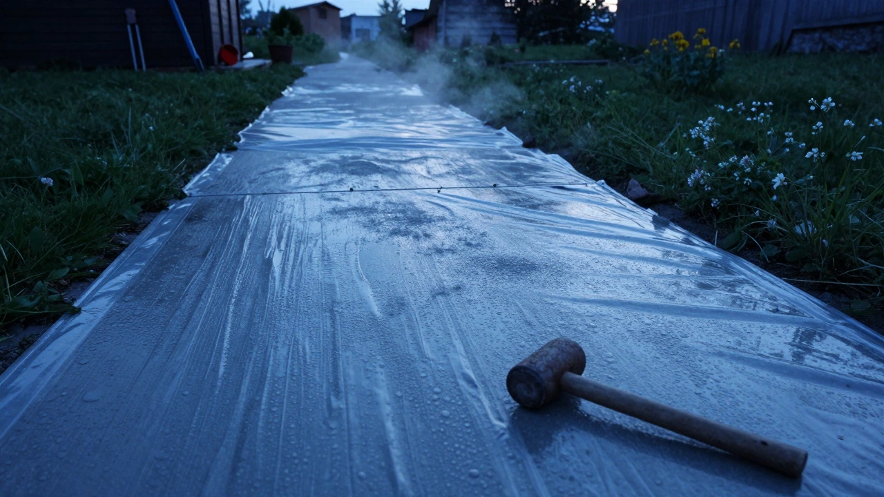 Недавно залитая бетонная дорожка, накрытая пленкой, на закате в деревенском дворе.