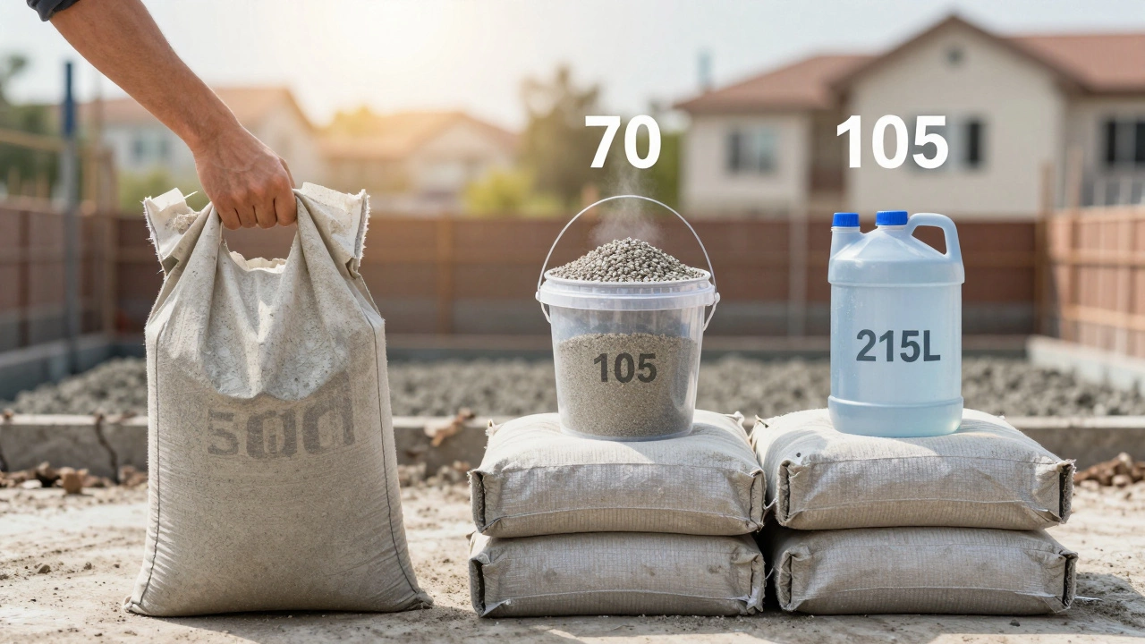 Пять мешков цемента и объемы песка, щебня и воды, необходимые для одного кубометра бетона, визуализированные как пропорции.