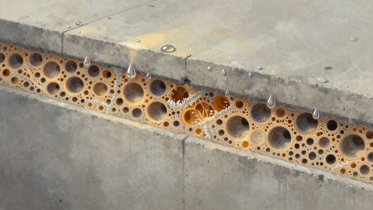 Поперечный разрез бетона с кристаллическими образованиями, закупоривающими поры и отталкивающими воду.