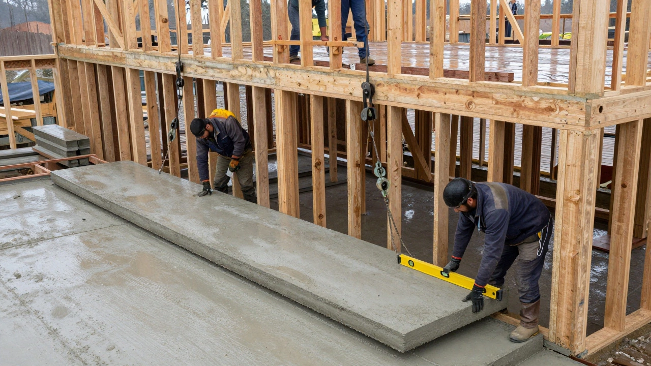 Рабочие устанавливают тяжелые плиты перекрытия на деревянный каркас второго этажа, используя ручные механизмы.