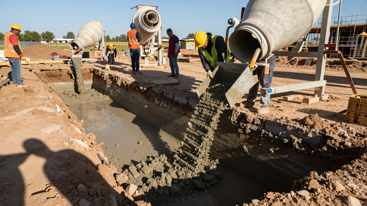 Рабочие заливают бетон М400 для фундамента дома