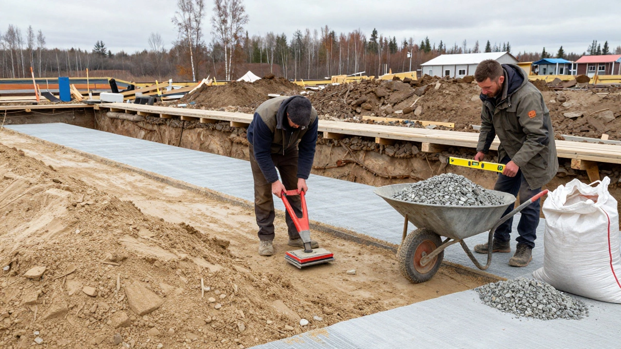 Рабочий утрамбовывает песок на геотекстиле на стройплощадке в Калининграде, используя ручную трамбовку.