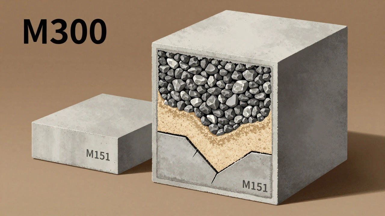 Разрез бетонного куба М300 с видимой структурой щебня, песка и цементного раствора, рядом — треснувший образец М150.