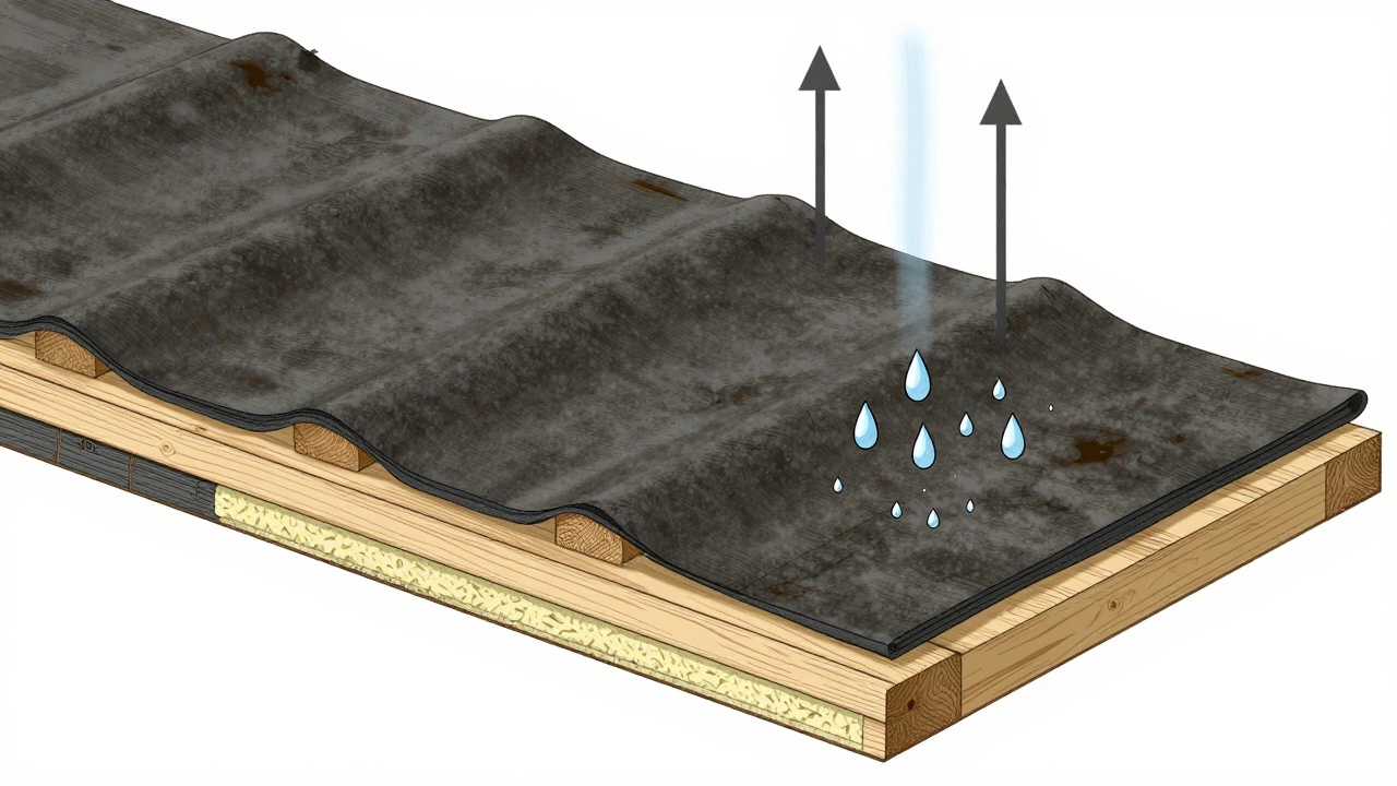 Разрез крыши с тремя слоями войлока, зазором для вентиляции и направлением движения воды и пара.