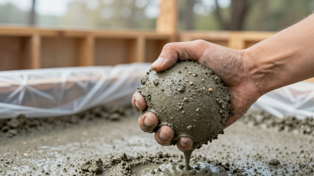 Рука сжимает бетонную смесь, которая держит форму — идеальная консистенция для заливки.