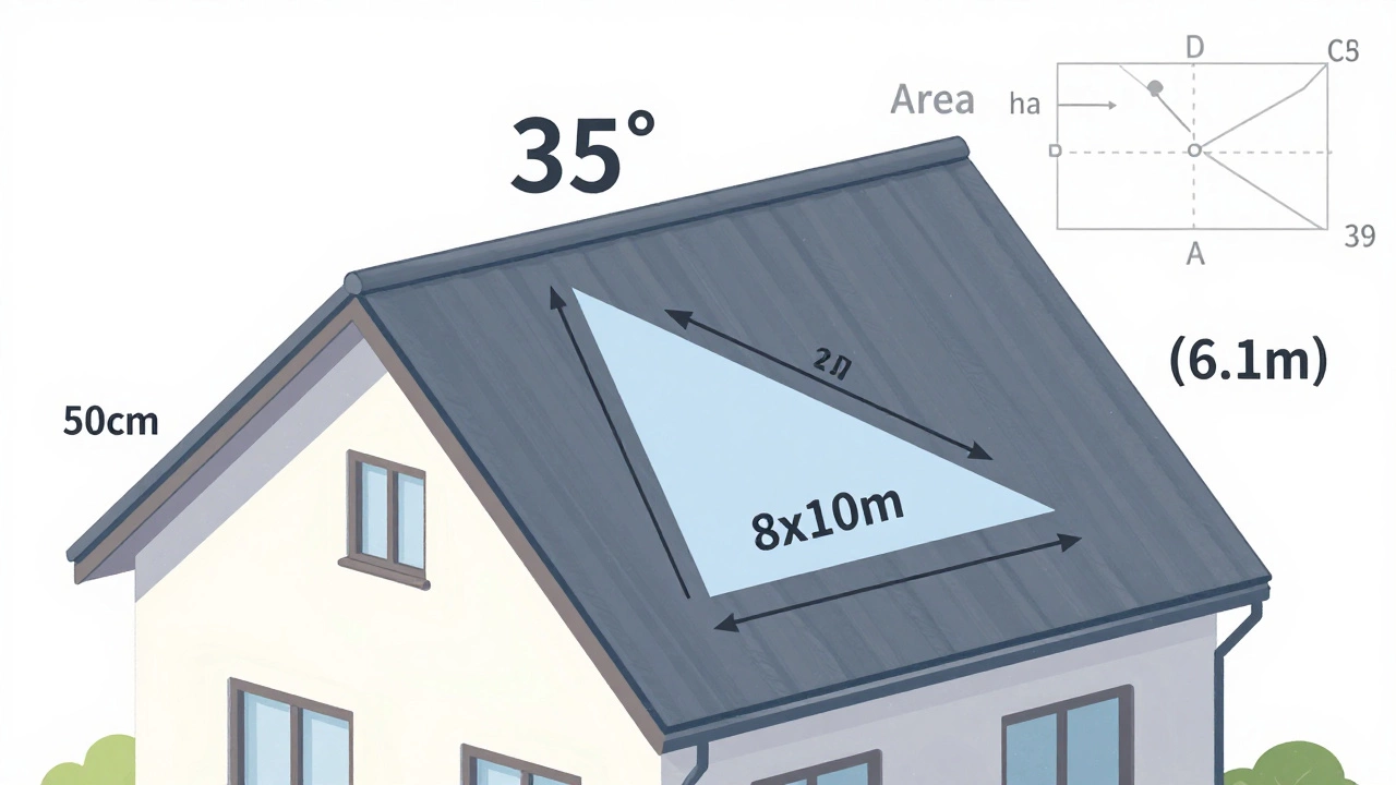 Схема крыши с обозначенными размерами, углом наклона и расчетом длины ската.
