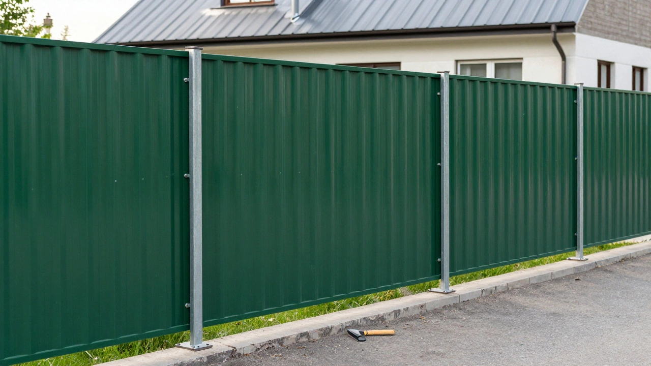 Современный забор из профнастила зеленого цвета, установленный на стальных трубах рядом с домом.