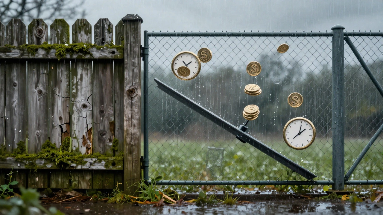 Сравнение старого деревянного забора и нового сетчатого — символизирующее долговечность и экономию.