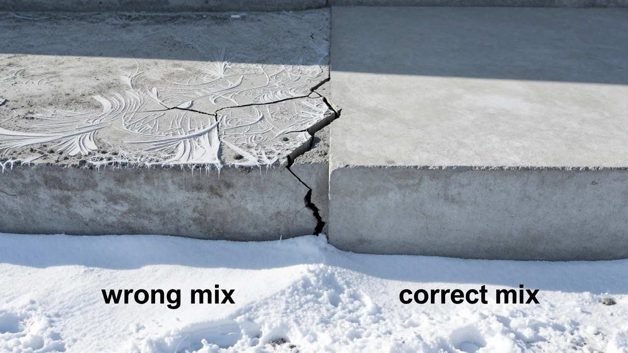 Трещины в бетонном фундаменте на фоне снега рядом с идеально затвердевшим блоком — последствия неправильных пропорций.