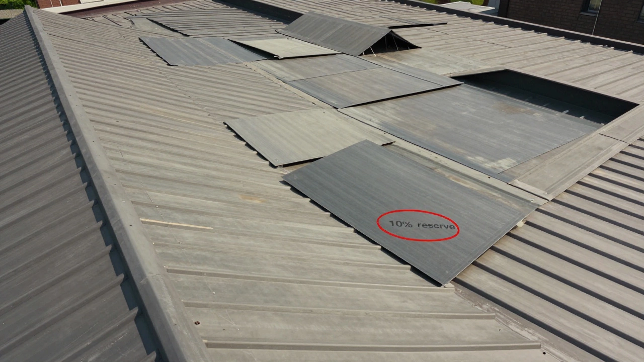 Вид сверху на крышу с уложенными листами и выделенным запасом материала для резки.