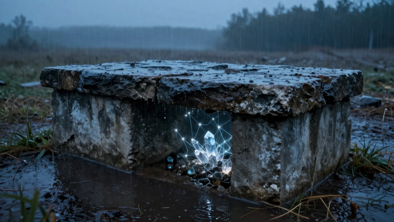 Влажный фундамент с водонепроницаемым бетоном, на котором капли воды скатываются, а внутри светятся кристаллы самовосстановления.