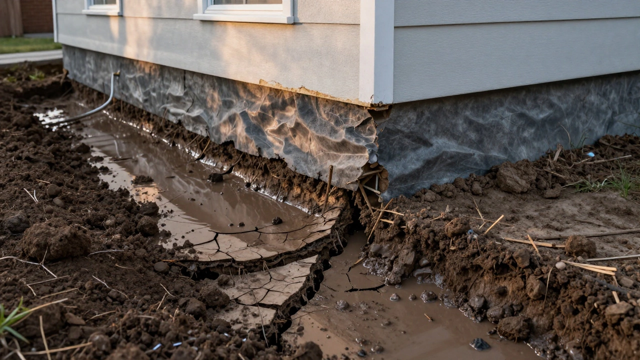 Поврежденный фундамент на влажной почве рядом с правильно построенным фундаментом с дренажом и утепленной отмосткой.