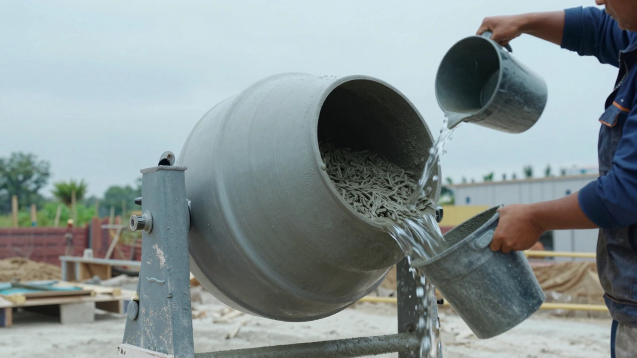 Рабочий смешивает бетон в бетономешалке