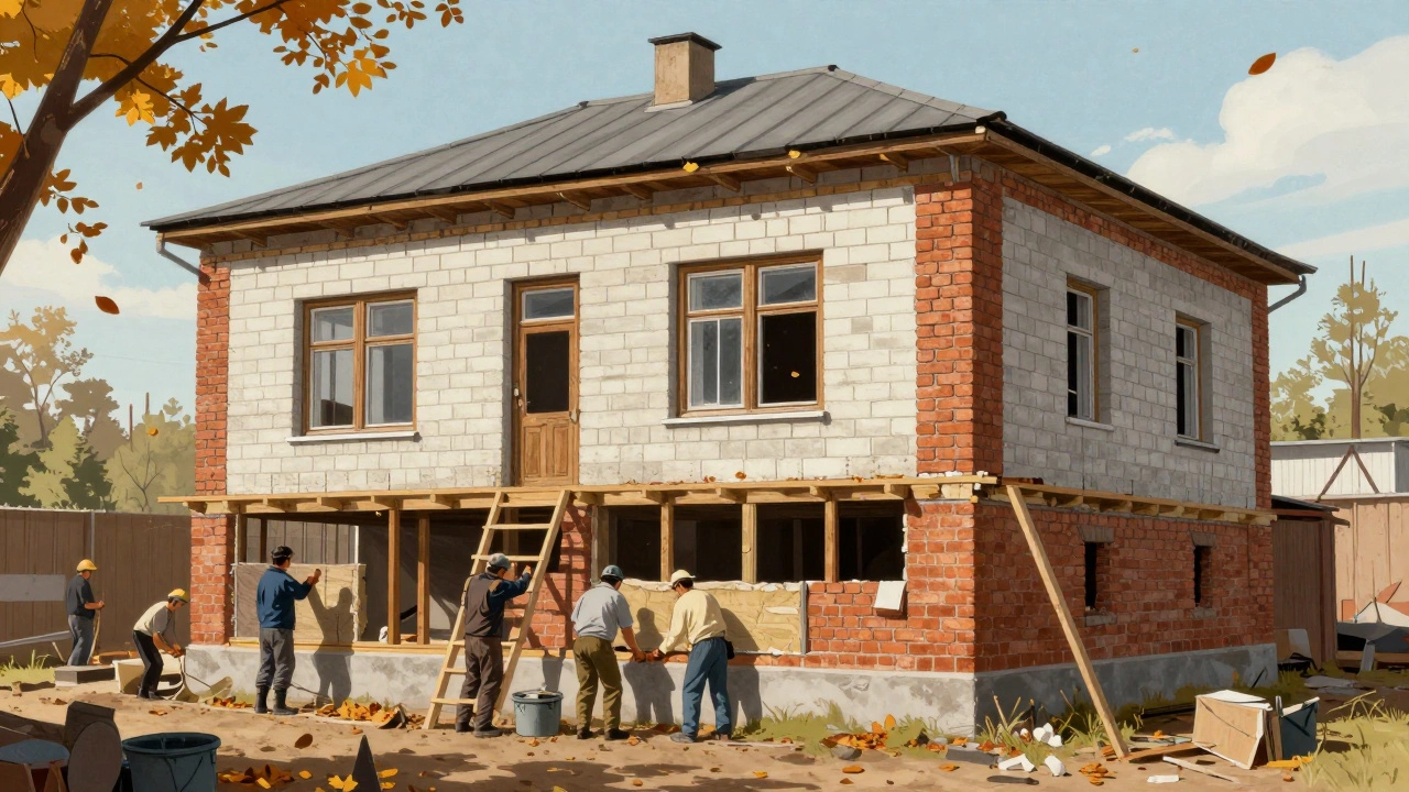 Реконструкция старого дома: добавлен новый этаж, заменены окна и утеплены стены, сохранена оригинальная кладка.