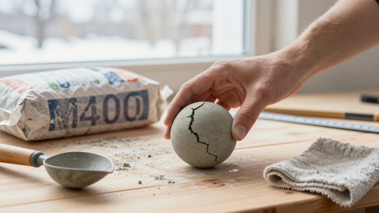 Рука формирует шарик из бетона на деревянной поверхности, рядом — инструменты и мешок цемента с нечитаемой маркировкой.