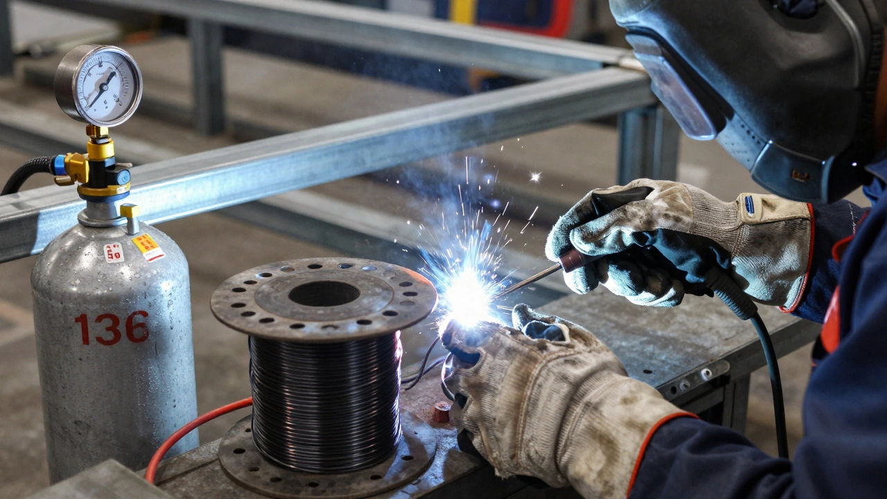 Руки сварщика регулируют подачу проволоки на аппарате для сварки методом 136, рядом баллон с углекислотой.