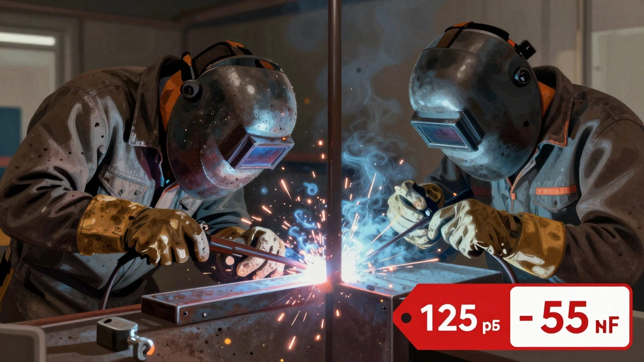 Сравнение двух методов сварки: слева — грязный шов с шлаком, справа — чистый МАГ-шов, иллюстрирует разницу в качестве и трудозатратах.