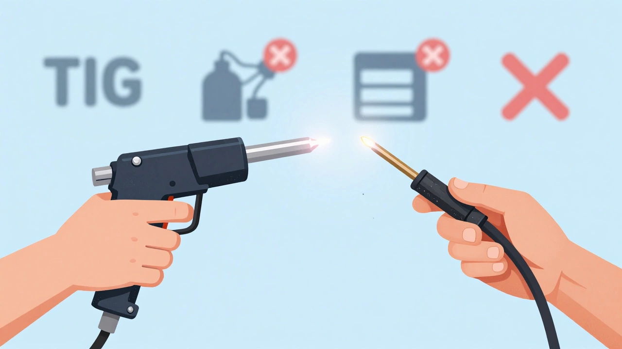 Сравнение MIG-сварки и ручной дуговой: чистый шов против грязного, с иконами сложных методов и крестами.