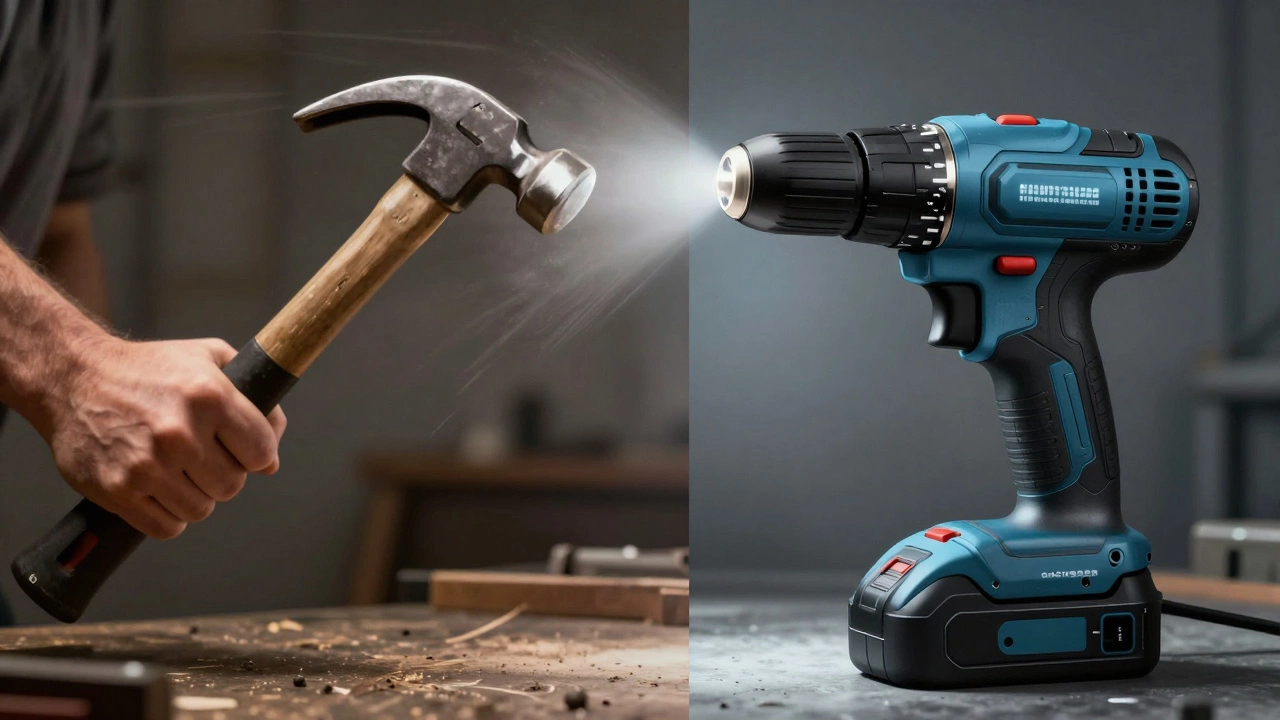 Сравнение ручного молотка и электрической дрели