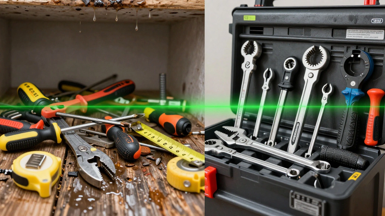 Сравнение: сломанные дешевые инструменты слева и качественные с антикоррозийным покрытием справа, с лазерной линией точности по центру.