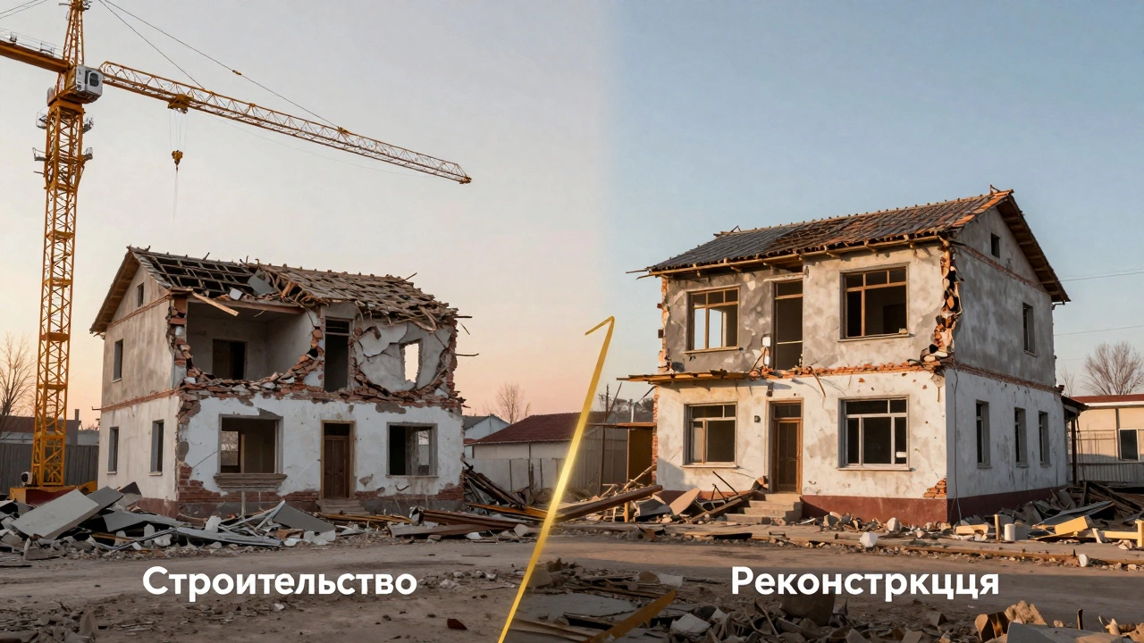 Сравнение строительства и реконструкции: слева — снос, справа — обновление старого здания с сохранением основы.