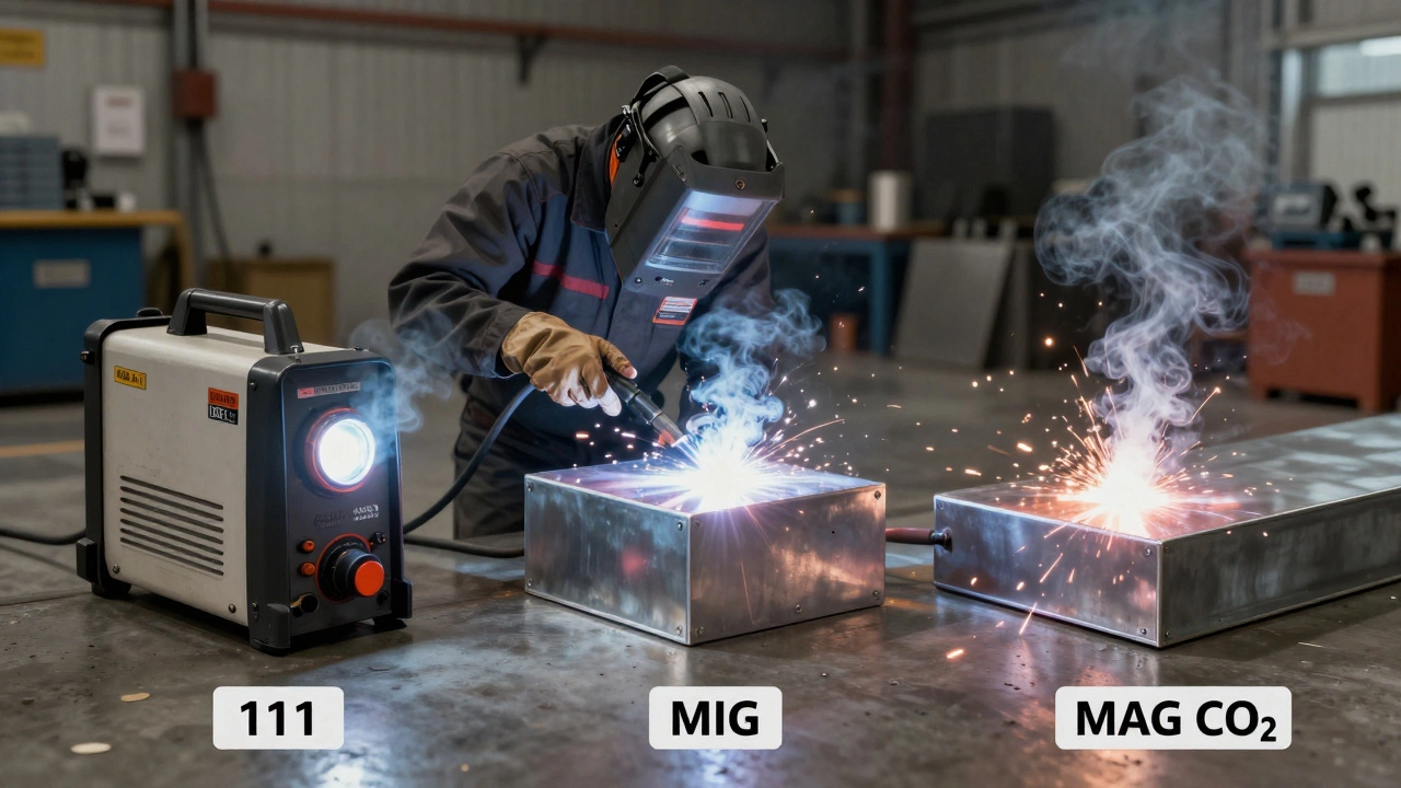 Сравнение трех методов сварки: 111, 135 и 136 на стальных и алюминиевых деталях в мастерской.