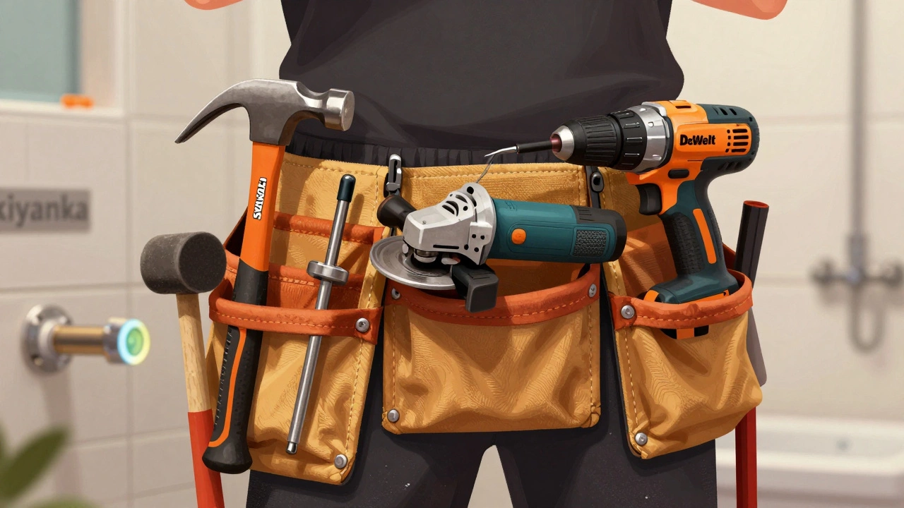 Строительный пояс с профессиональными инструментами: перфоратор, углошлифовальная машина, дрель-шуруповерт и лазерный уровень на фоне укладки плитки.