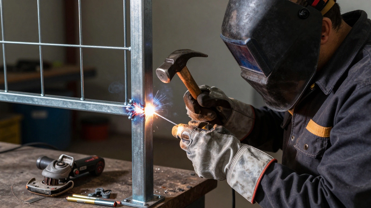 Сварщик проверяет шов молотком и визуально оценивает его качество