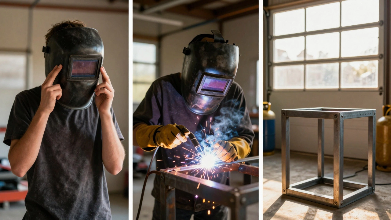 Три этапа обучения сварке: от неуверенности к уверенности — завершённая металлическая конструкция на фоне инструментов.